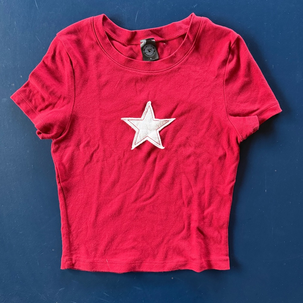 PacSun Red Tee with White Star Crop T Shirt Cotton Small Teen
